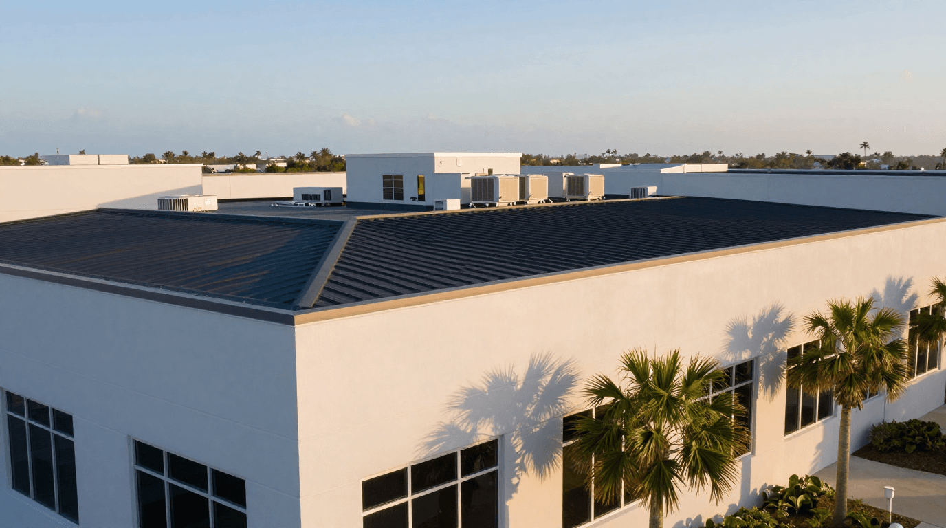 Modern Florida commercial building with flat TPO roof